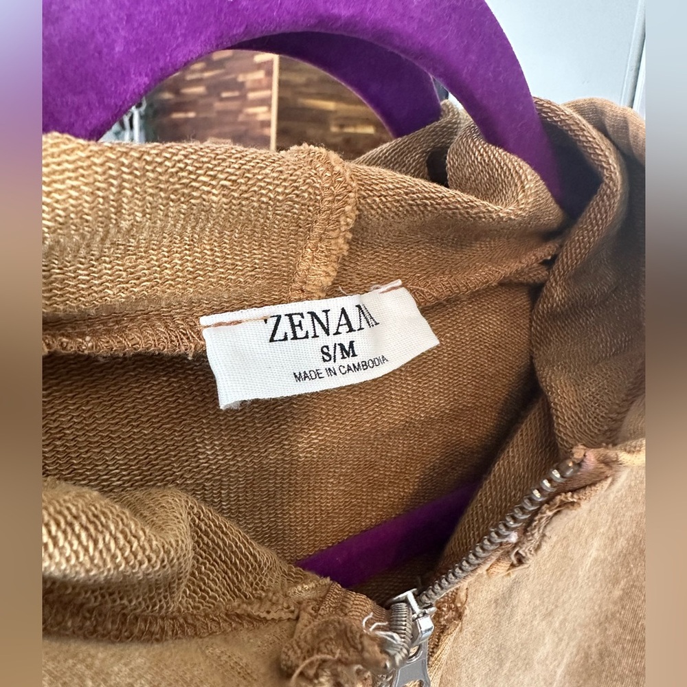 NWOT🤎Zenana Acid Washed French Terry Zip Hoodie S/M  Camel - Picture 5 of 9